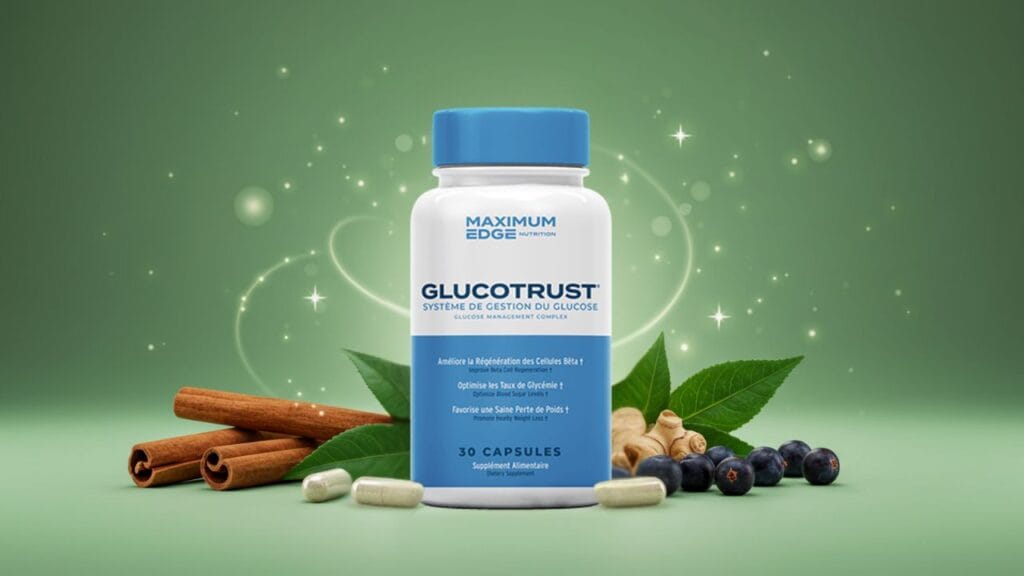 GlucoTrust supplement bottle surrounded by natural ingredients like cinnamon, Gymnema Sylvestre, biotin, and juniper berries, representing blood sugar support and overall wellness.