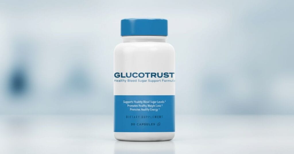 GlucoTrust dietary supplement bottle for natural blood sugar support, official packaging, 2026 review
