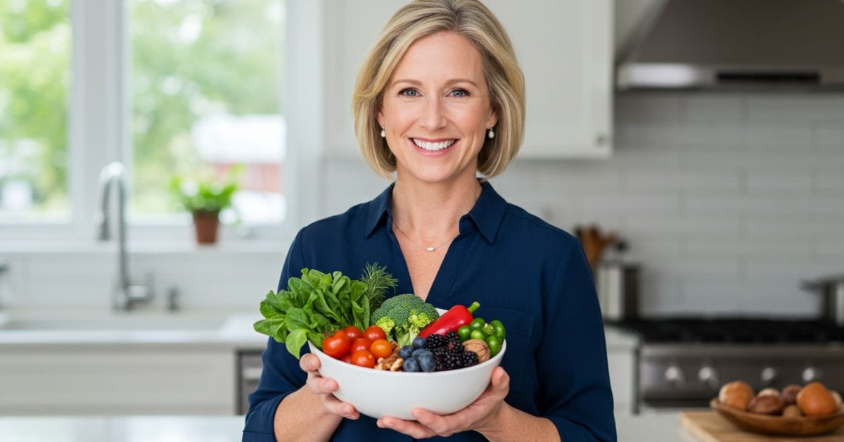 Laura Collins, a smiling white woman in her mid-40s, holding a bowl of fresh non-starchy vegetables and healthy foods, representing a balanced diabetic-friendly meal.
