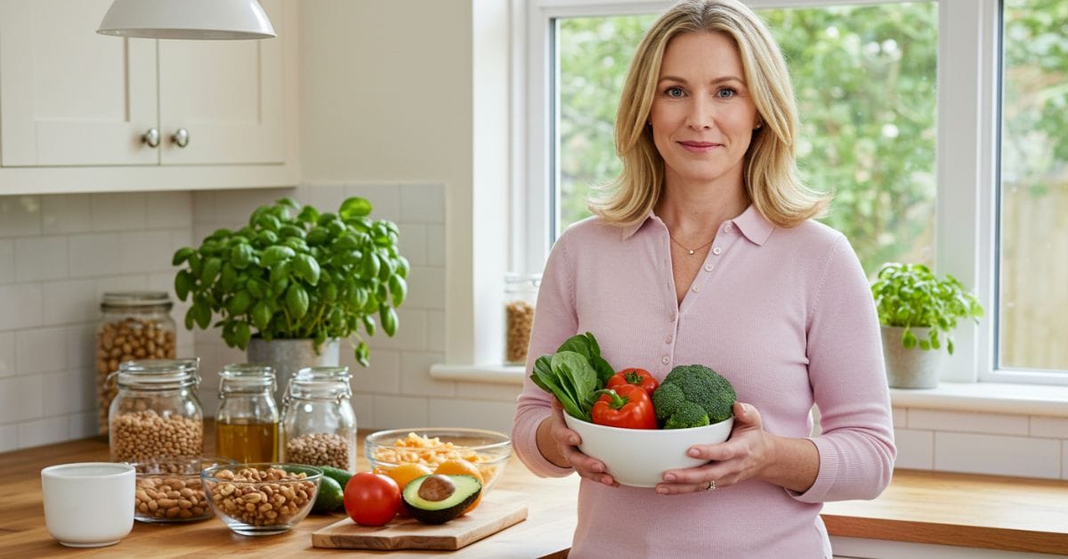 Laura Collins, a confident woman in her 40s, stands in a sunlit kitchen holding a bowl of fresh vegetables and fruits. The scene reflects a calm, healthy lifestyle focused on diabetes-friendly nutrition, with wholesome foods and natural light creating an inviting atmosphere.