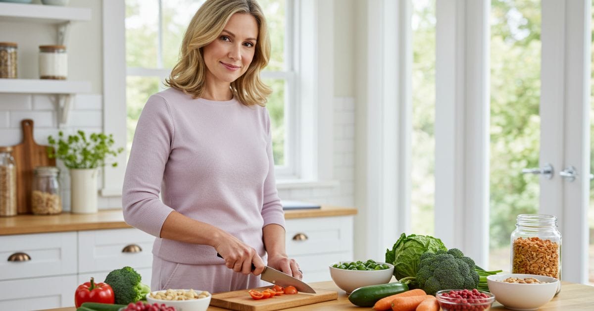 Laura Collins, a confident woman in her mid-40s, preparing a healthy meal in a bright kitchen with fresh vegetables, nuts, and berries, representing a diabetes-friendly lifestyle focused on natural and practical food choices.