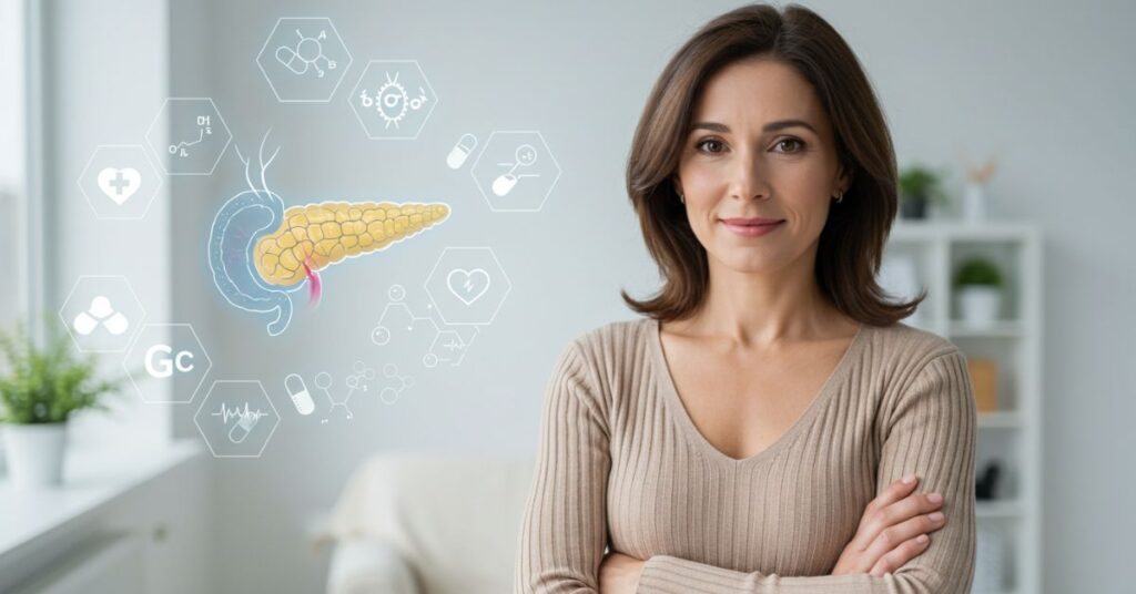 Woman explaining the types of diabetes with educational health graphics — ideal image for understanding diabetes article