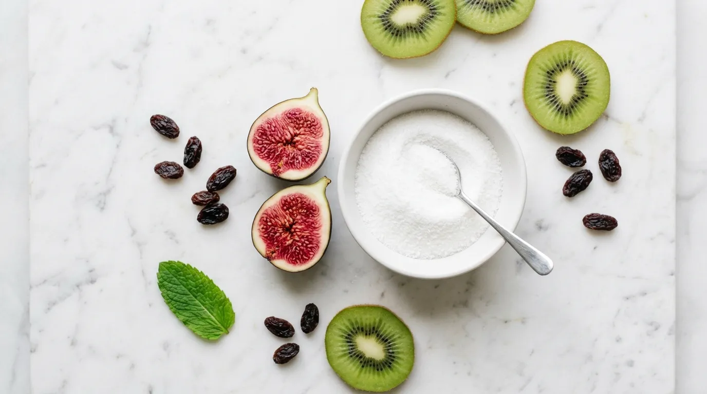 allulose-best-sugar-alternative-diabetics-blood-sugar Bowl of allulose powder beside fresh fig raisins and kiwi on white marble — allulose best sugar alternative for diabetics zero blood sugar impact