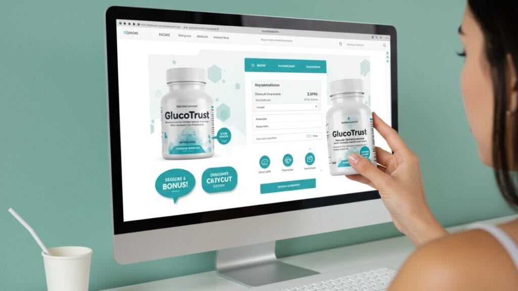 A person purchasing the 'GlucoTrust' supplement on a modern e-commerce website. The screen displays the supplement bottle with secure checkout, discount banners, and digital bonuses, set against a clean white background with blue and green accents.