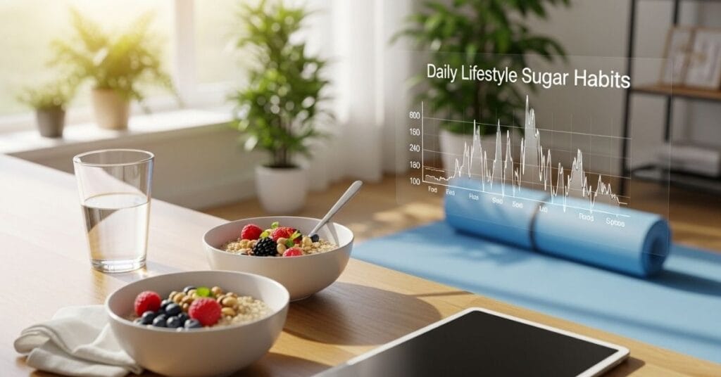 Morning routine scene with healthy breakfast, water, and yoga mat representing daily habits to manage blood sugar naturally.