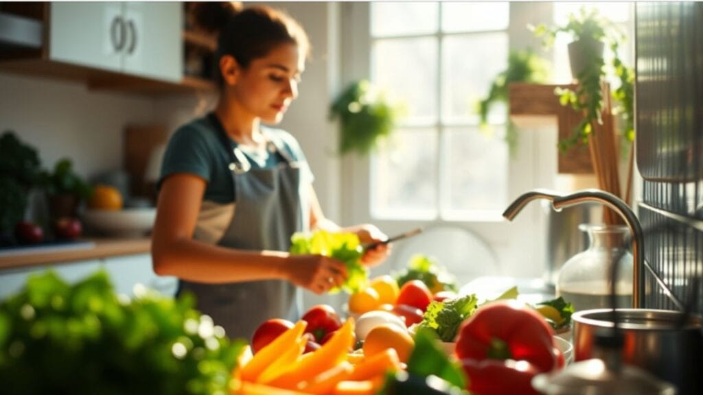 Woman preparing a colorful assortment of fresh vegetables in a bright kitchen, promoting healthy eating habits for diabetes management.
