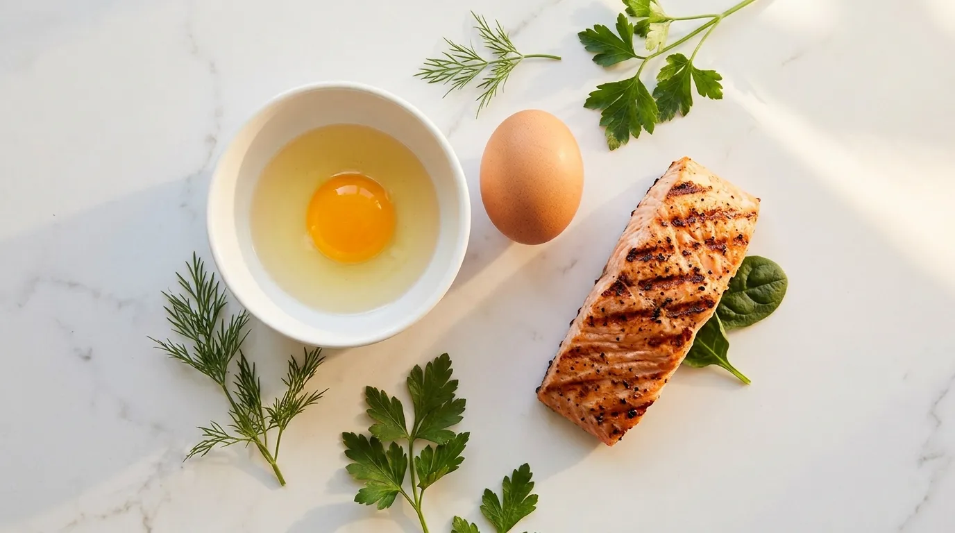 eggs-protein-zero-carbs-diabetics-free-food Eggs and salmon with fresh herbs on white marble — eggs and protein zero carbs diabetics can eat freely