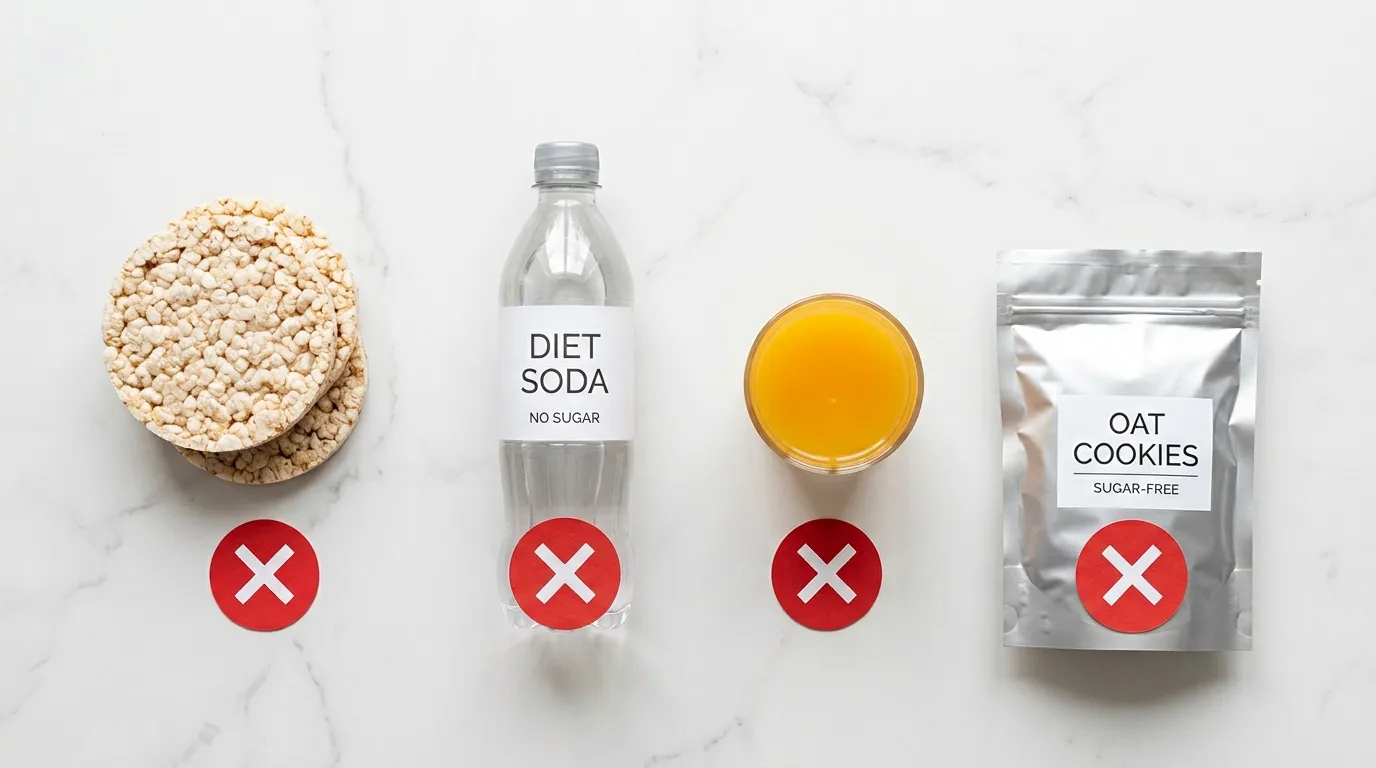 free-food-mistakes-rice-cakes-diet-soda-juice-diabetics Rice cakes diet soda fruit juice and sugar-free cookies with warning cards on white marble — common free food mistakes for diabetics blood sugar