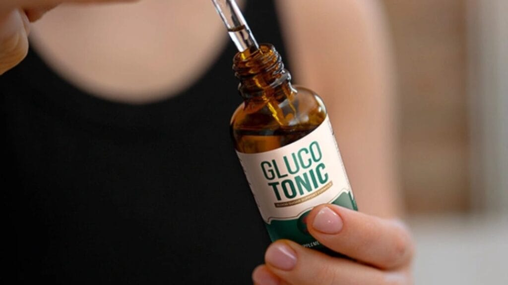 Bottle of GlucoTonic Liquid Drops for natural blood sugar support.