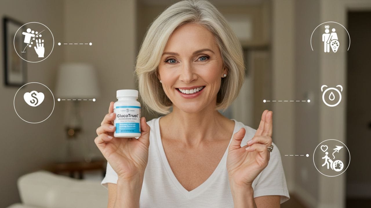 A smiling middle-aged American woman holding a GlucoTrust bottle at home, symbolizing stable blood sugar, improved sleep, and better health.