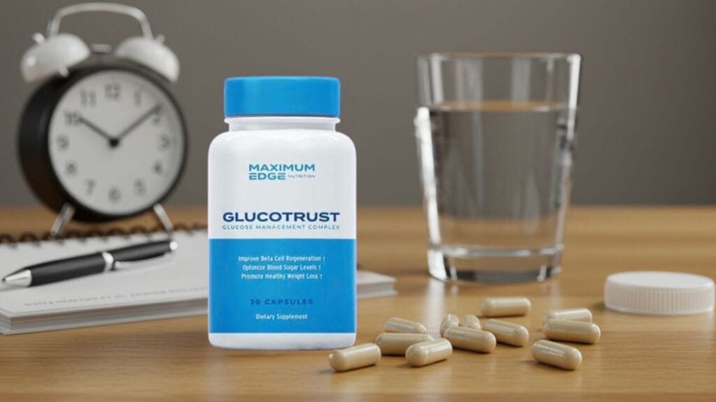 GlucoTrust supplement bottle with capsules beside it, placed on a clean surface with a notepad, glass of water, and clock in the background—representing proper dosage and daily routine.