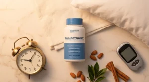 GlucoTrust bottle beside clock showing 10 PM glucose meter cinnamon and almonds on white marble — GlucoTrust sleep blood sugar supplement honest review does it really work 2026