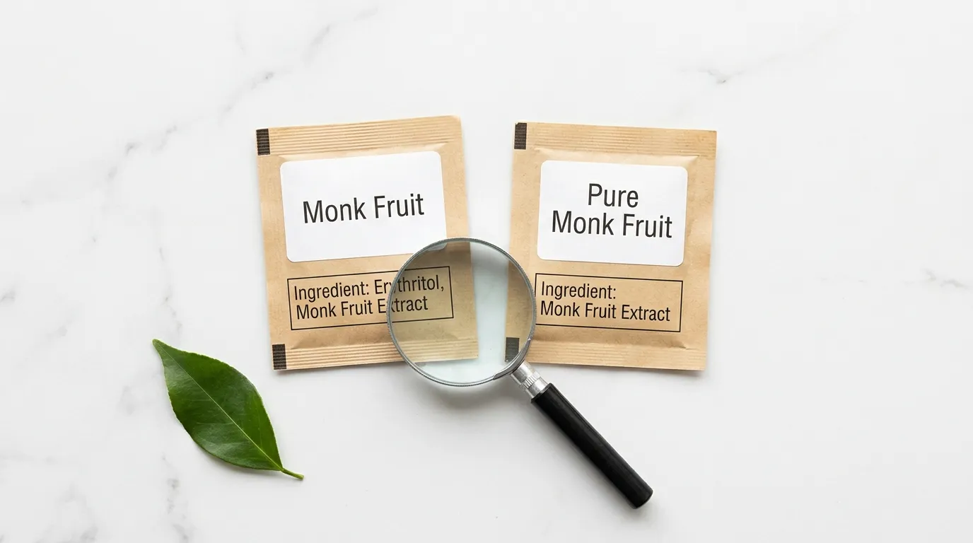 monk-fruit-label-trap-erythritol-filler-diabetics Two monk fruit sweetener packets with magnifying glass on ingredient list on white marble — monk fruit label trap erythritol filler warning for diabetics