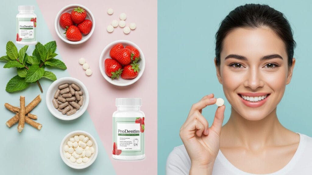 Flat lay of natural ProDentim ingredients including peppermint leaves, strawberries, chicory root, and small bowls labeled "Probiotics" and "Calcium", with a smiling woman holding a chewable tablet in the background. The image has a clean, bright, wellness-themed aesthetic.
