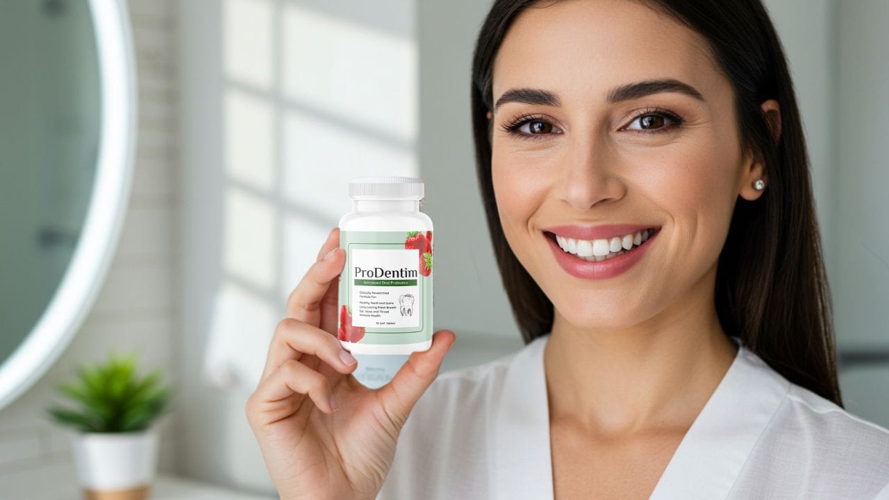 A smiling American woman holding a ProDentim bottle, showcasing her healthy white teeth in a bright bathroom setting. Promotes oral health and confidence.