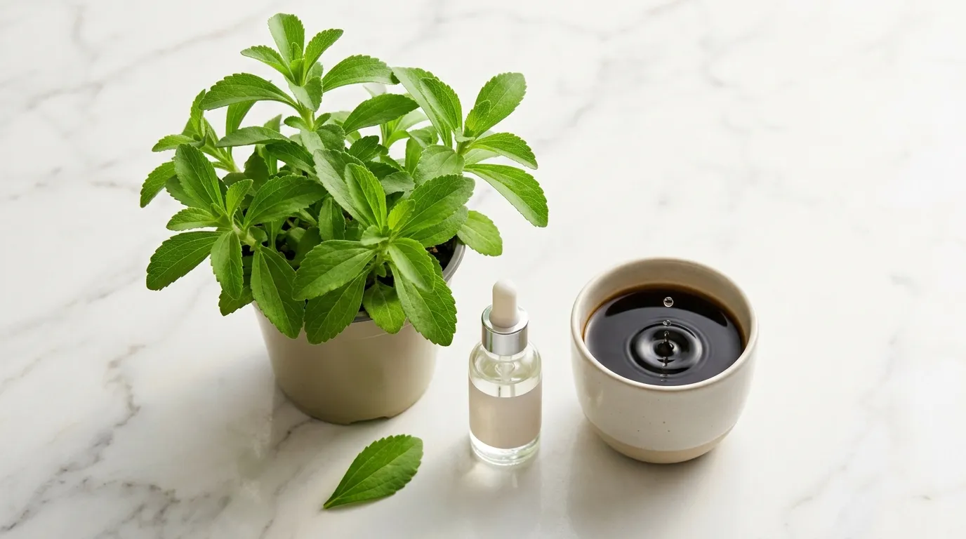 stevia-plant-liquid-drops-coffee-diabetics-zero-glycemic Fresh stevia plant and liquid drops beside black coffee on white marble — stevia zero glycemic index sugar alternative for diabetics