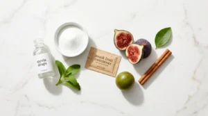 Stevia drops allulose powder monk fruit sweetener fresh fig and stevia leaf on white marble — top sugar alternatives for diabetics honest comparison guide 2026