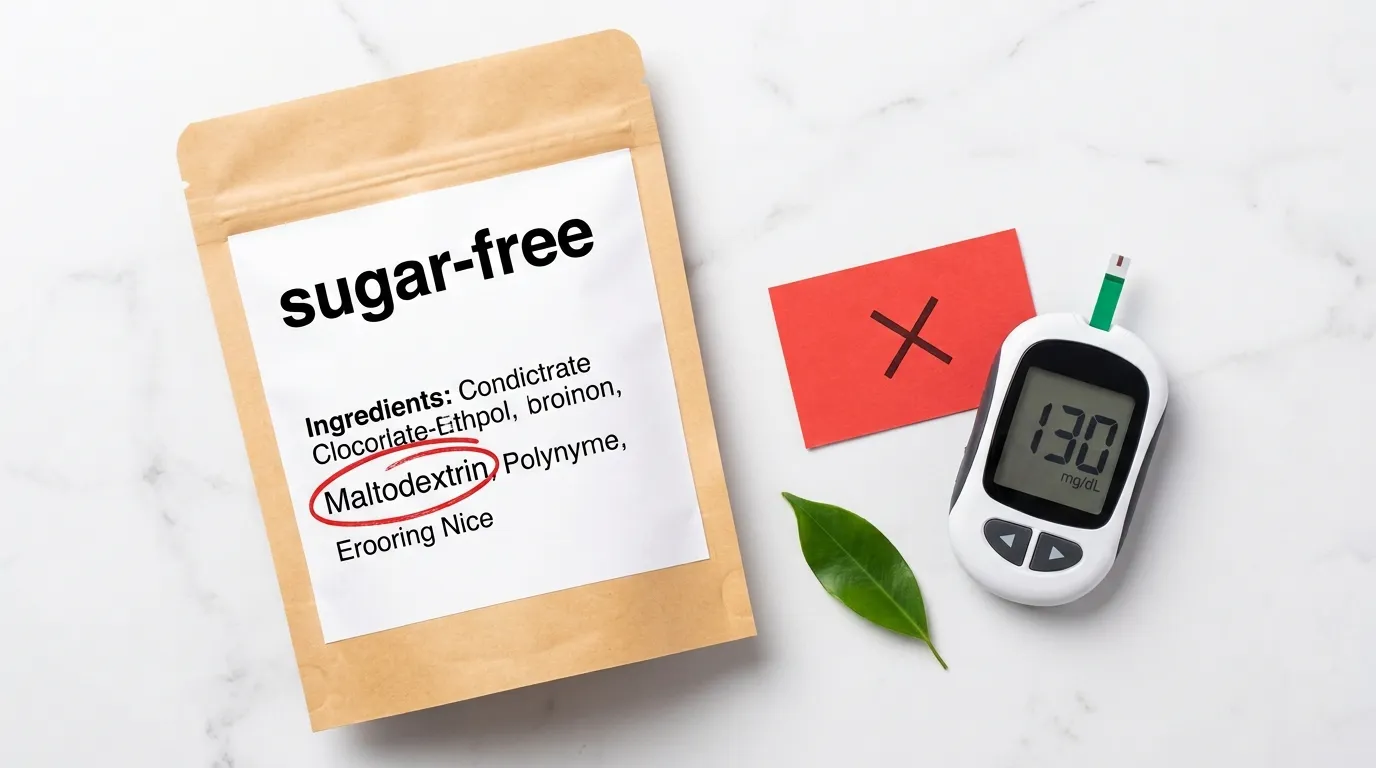 sugar-free-label-maltodextrin-trap-blood-sugar-diabetics Sugar-free package with maltodextrin circled in red beside glucose meter on white marble — sugar-free label trap maltodextrin spikes blood sugar diabetics