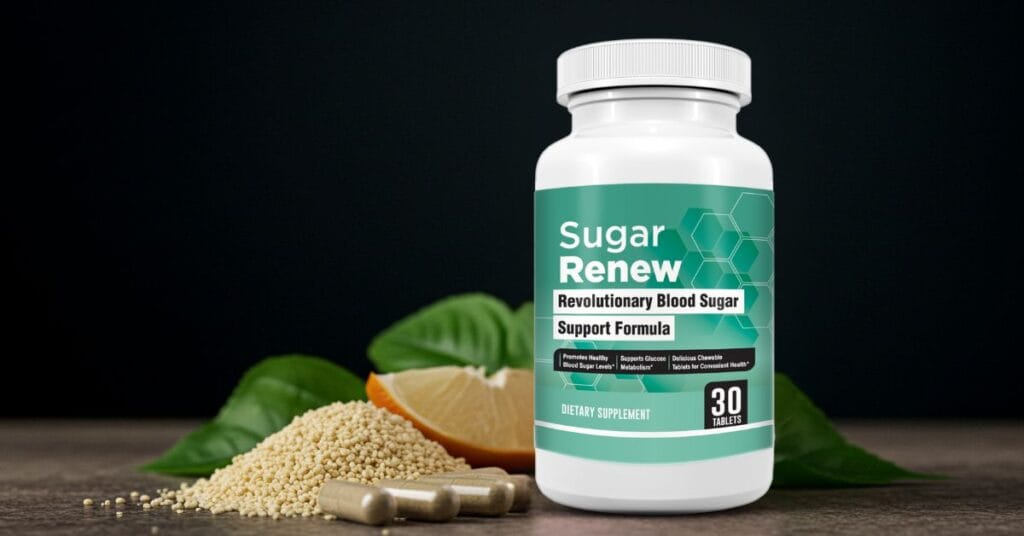 Close-up of Sugar Renew supplement bottle surrounded by natural ingredients like cinnamon sticks, bitter melon, and green leaves, symbolizing natural support for healthy blood sugar levels.