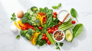 Abundant fresh vegetables broccoli peppers spinach tomatoes eggs nuts avocado and Greek yogurt on white marble — what foods can diabetics eat freely without blood sugar concern 2026 guide