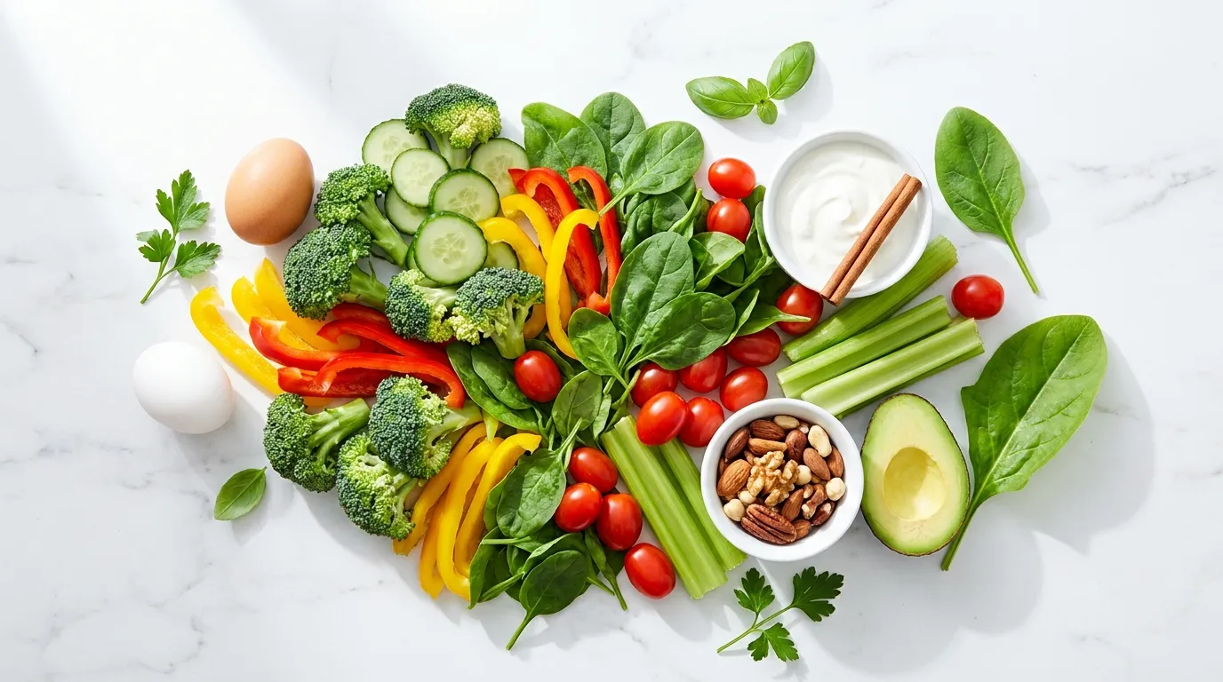 Abundant fresh vegetables broccoli peppers spinach tomatoes eggs nuts avocado and Greek yogurt on white marble — what foods can diabetics eat freely without blood sugar concern 2026 guide