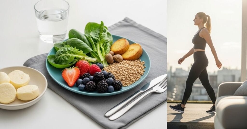 "Ultra-realistic image of natural ways to lower A1C: healthy foods, exercise outdoors, water, and a calm environment representing sleep and stress management."