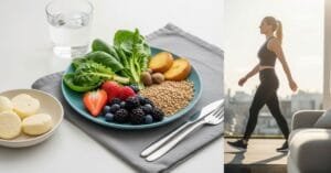 "Ultra-realistic image of natural ways to lower A1C: healthy foods, exercise outdoors, water, and a calm environment representing sleep and stress management."