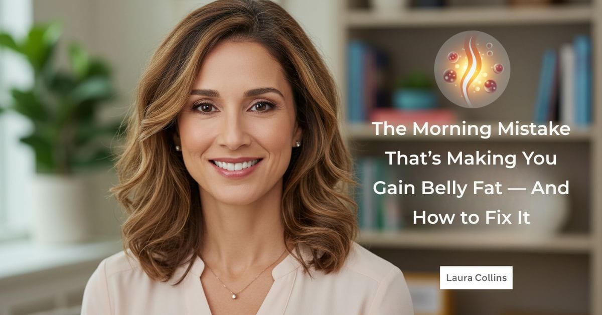 Laura Collins, health researcher and wellness advocate, smiling warmly and looking confident. Background features soft green and ivory tones with subtle illustrations of metabolism-related elements like a glowing flame and healthy foods such as protein-rich breakfast items and water. Text overlay reads: “The Morning Mistake That’s Making You Gain Belly Fat (And How to Fix It).” The image conveys trust, health, and natural weight loss guidance.