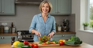 Middle-aged woman preparing a fresh salad in a bright kitchen, representing smart food choices for diabetics focused on blood sugar control and healthy eating.