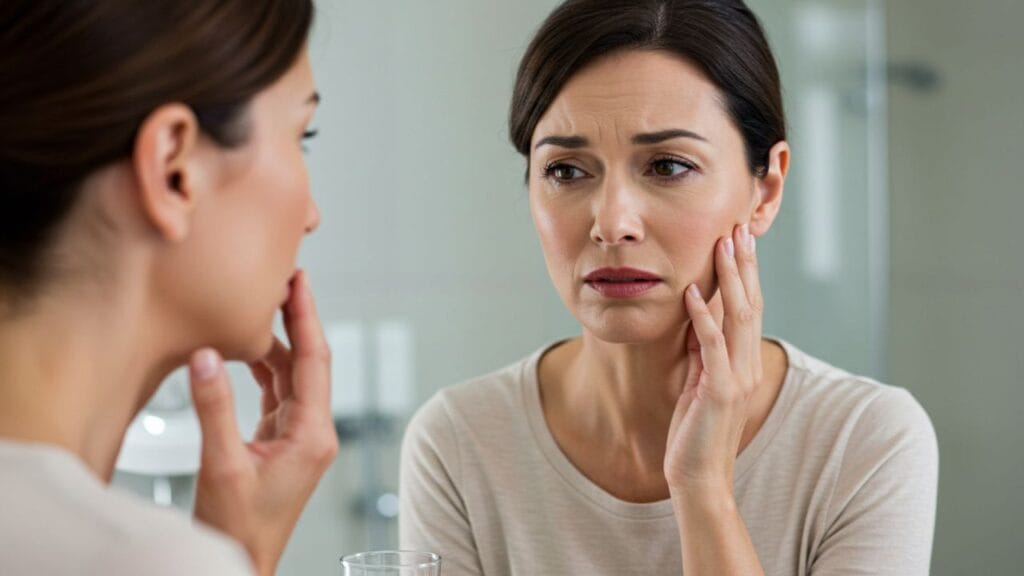 A concerned woman touching her cheek in discomfort, showing signs of gum pain — representing the struggle with gum disease before treatment.