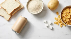 Flat lay of high glycemic index foods including white bread, white rice, potato, cornflakes and soda on white surface — foods that spike blood sugar most, high-GI diet guide 2026