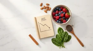 Flat lay of A1C-lowering foods including berries, almonds, cinnamon and leafy greens beside a progress notebook on white marble — natural strategies to lower A1C guide 2026