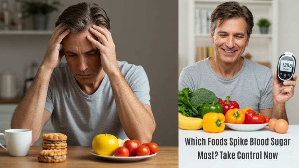Tired middle-aged person sitting at a table with unhealthy food, next to a happier version holding a healthy meal — visual contrast showing which foods spike blood sugar most and how to manage it naturally.