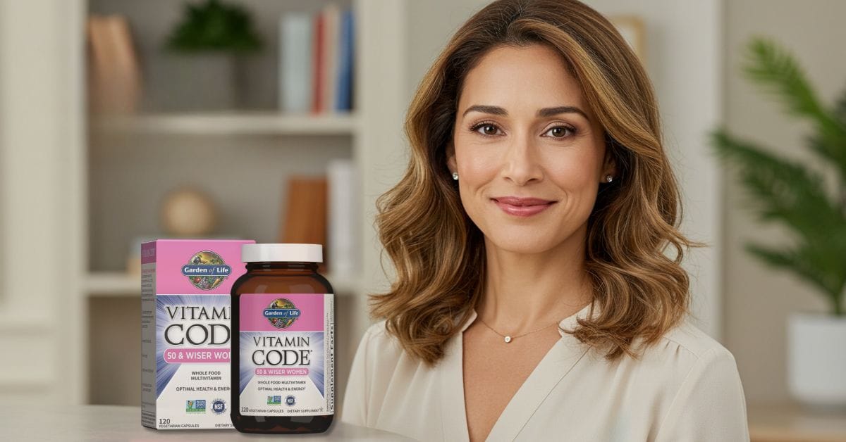 “Laura Collins smiling confidently next to the Garden of Life Vitamin Code 50 & Wiser Women supplement, set in a warm, natural environment with a softly blurred bookcase and green plant background, conveying professionalism, wellness, and trustworthiness.