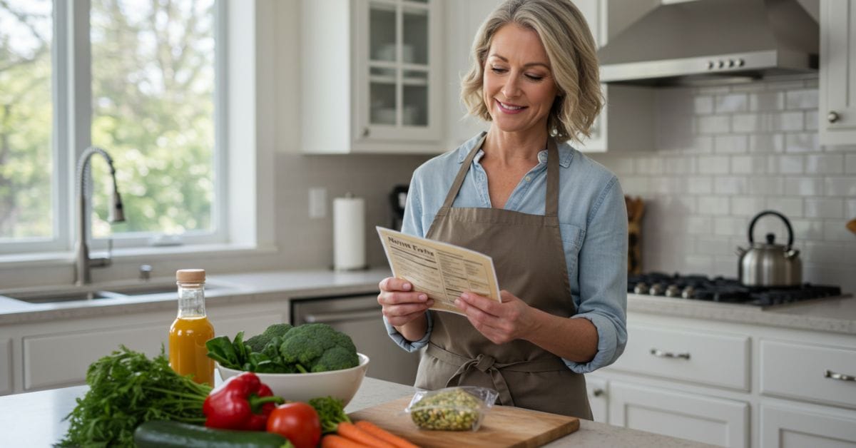 Laura Collins, a wellness expert, demonstrates carb counting for diabetes by reading a nutrition label in her kitchen.