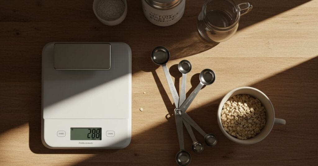Essential tools for accurate carb counting: measuring cups, spoons, and a digital food scale.