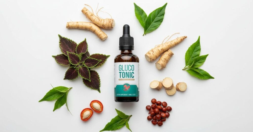 Flat lay of GlucoTonic’s six natural ingredients — Eleuthero, Coleus, Maca Root, African Mango, Guarana, Gymnema — on a clean bright background, showing plant-based blood sugar support supplement, 2025 review.
