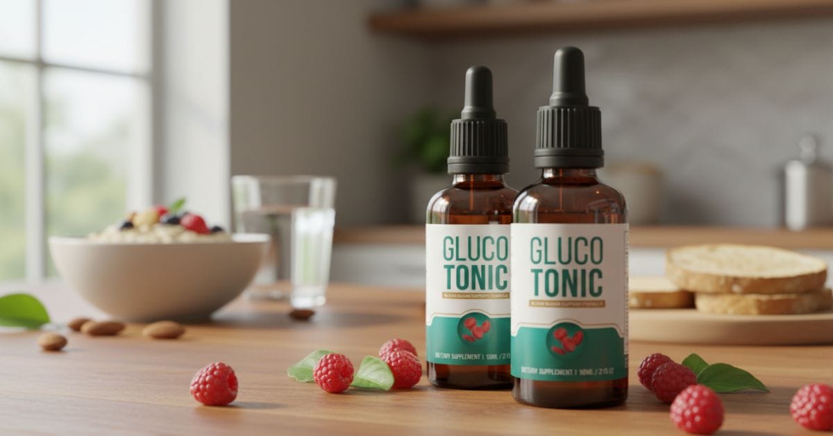 GlucoTonic supplement bottle on a bright, clean background, showcasing natural ingredients for blood sugar support, energy boost, and fat-burning, US audience lifestyle image, 2025 review.