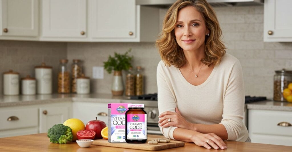 Laura Collins, health expert with light olive skin and wavy light brown hair, smiling confidently in a modern kitchen with natural light. Garden of Life Vitamin Code Women’s Multi multivitamin bottle is visible on the table surrounded by fresh fruits and healthy ingredients, highlighting natural wellness and women’s health.