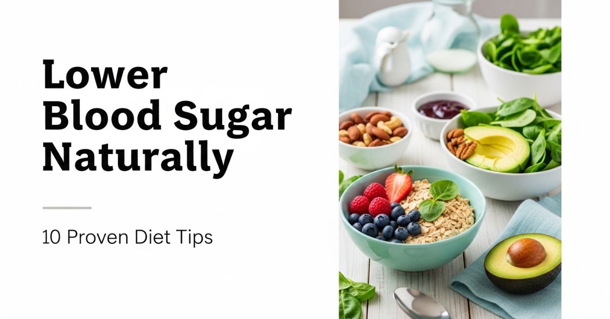 Balanced diet for blood sugar control with healthy foods like oats, fruits, vegetables, and nuts