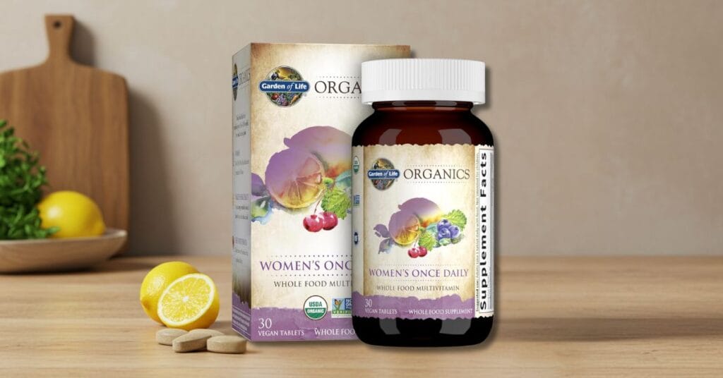 Garden of Life Women’s Once Daily multivitamin bottle – organic once-daily formula for women with probiotics and whole food ingredients.