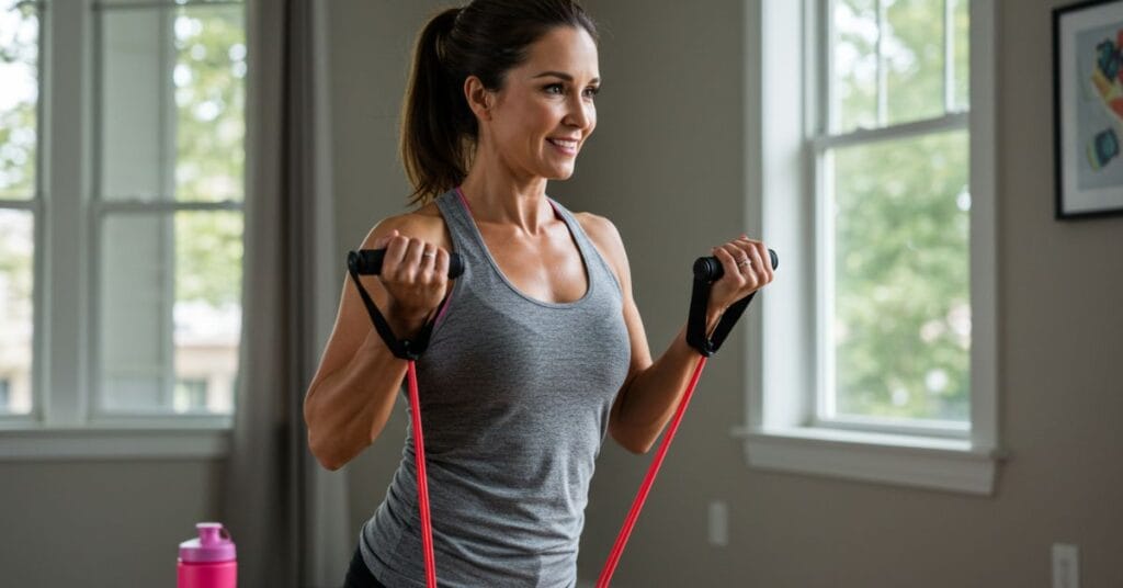 Strength training exercise: A person using resistance bands or lifting weights to improve blood sugar levels.