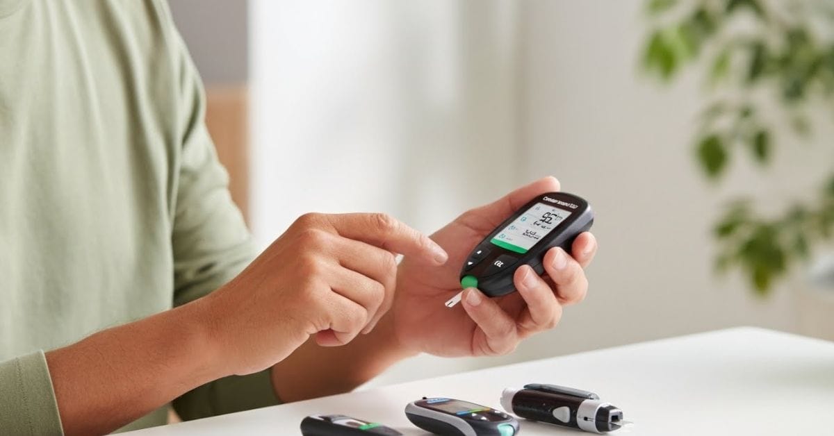 Middle-aged adult checking blood sugar at home using a modern glucose monitor synced with a smartphone app, with multiple blood glucose devices on a table in a calm, well-lit environment.