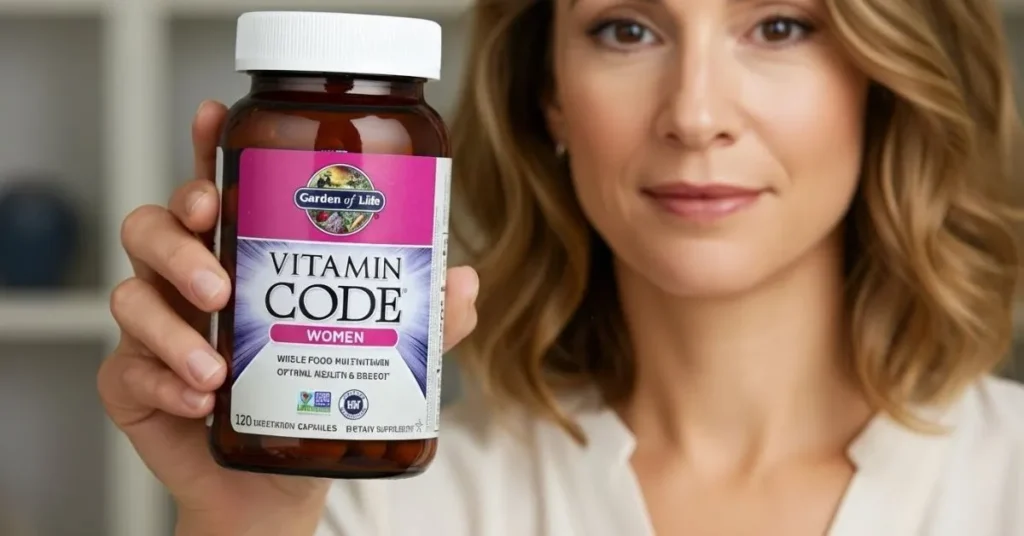 Woman holding Garden of Life Vitamin Code Women’s Multi, zoom on the bottle — whole food multivitamin for energy, hormonal balance, and overall women’s health