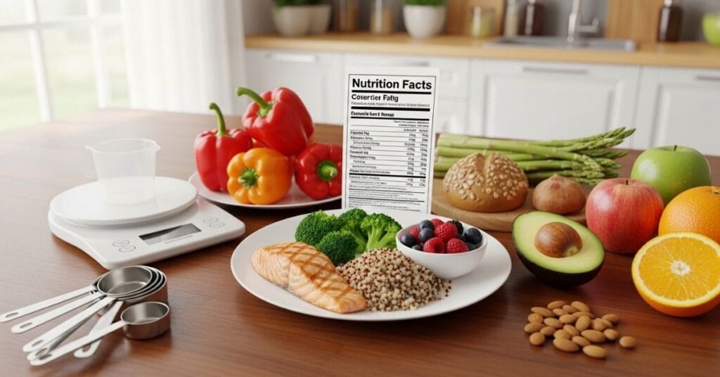 Carb counting tools including nutrition labels, food scale, and healthy foods to support natural blood sugar management in diabetes.