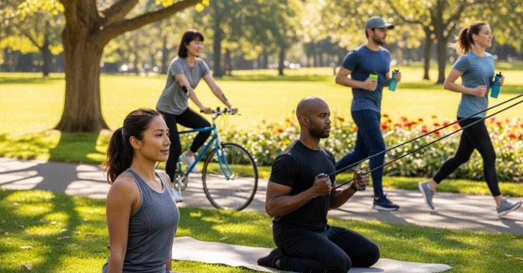 Diverse people performing cardio, strength, and yoga exercises outdoors, representing natural blood sugar management for diabetes.