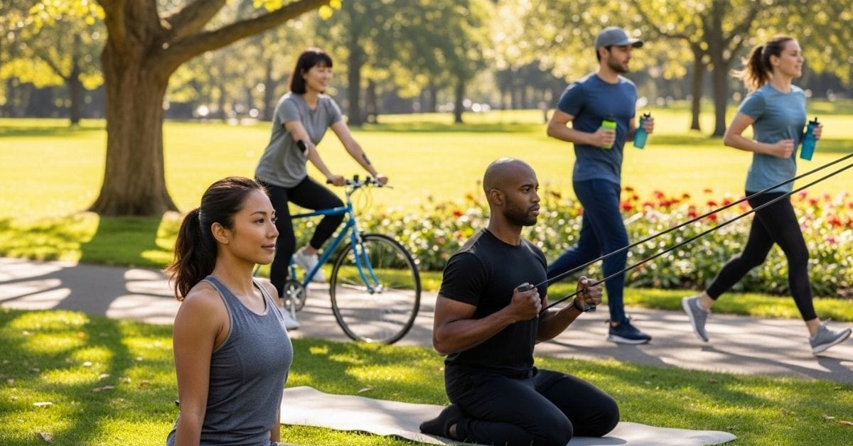 Diverse people performing cardio, strength, and yoga exercises outdoors, representing natural blood sugar management for diabetes.