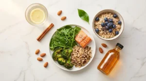 Plate method meal with salmon, vegetables and brown rice beside oats, berries, almonds and apple cider vinegar on white marble — how to lower blood sugar naturally with diet guide 2026