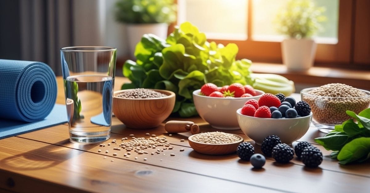 Ultra-realistic scene of fresh low-glycemic foods, water, and a yoga mat on a sunlit table representing natural blood sugar management and healthy lifestyle habits.