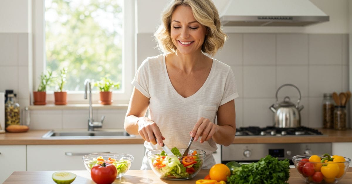 Woman smiling while preparing a fresh, colorful salad as part of her natural blood sugar management plan.